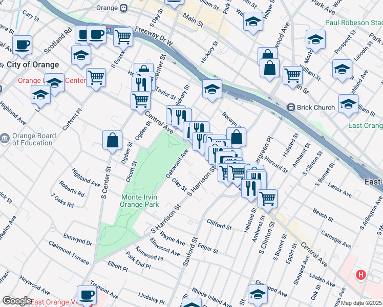 map of restaurants, bars, coffee shops, grocery stores, and more near 258 Oakwood Avenue in City of Orange
