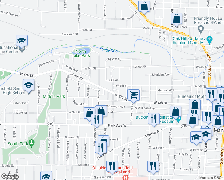 map of restaurants, bars, coffee shops, grocery stores, and more near 450 West 4th Street in Mansfield