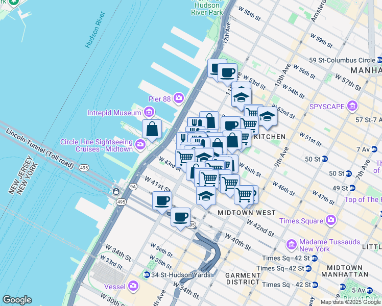 map of restaurants, bars, coffee shops, grocery stores, and more near 689 West 44th Street in New York