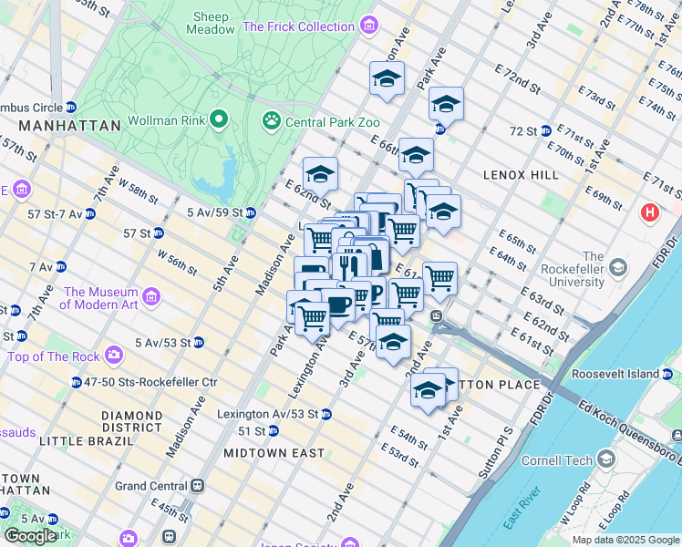 map of restaurants, bars, coffee shops, grocery stores, and more near 121 East 59th Street in New York