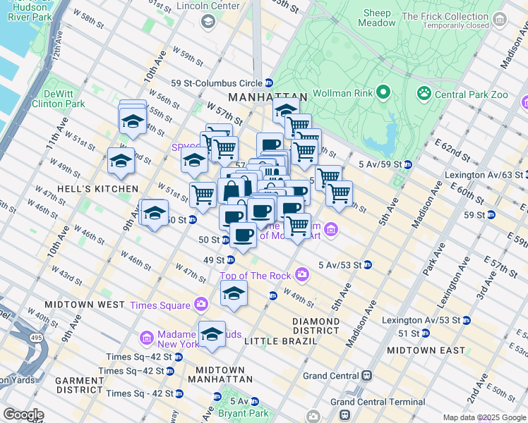 map of restaurants, bars, coffee shops, grocery stores, and more near 811 7th Avenue in New York
