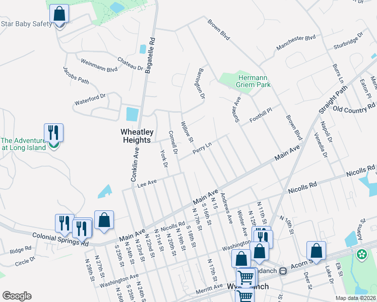 map of restaurants, bars, coffee shops, grocery stores, and more near 40 Willow Street in Wheatley Heights