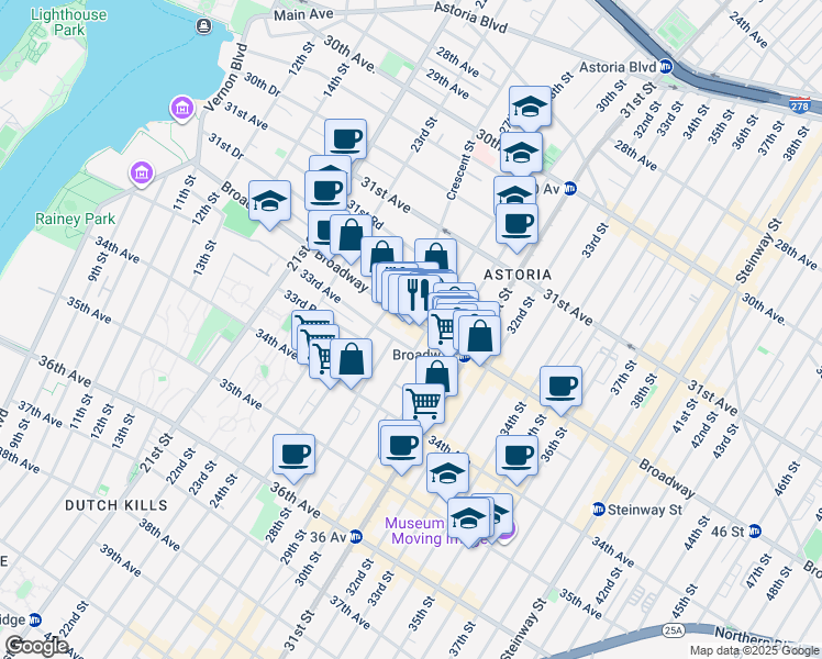 map of restaurants, bars, coffee shops, grocery stores, and more near 32-12 29th Street in Queens