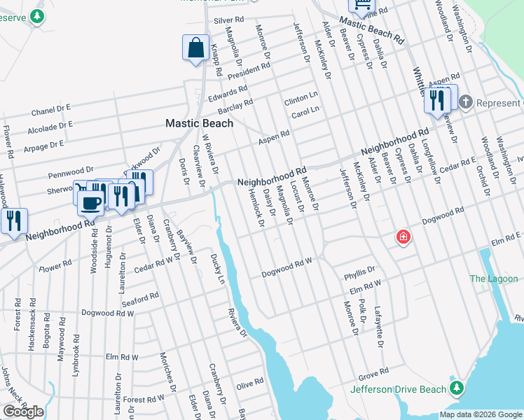 map of restaurants, bars, coffee shops, grocery stores, and more near 108 Daisy Drive in Mastic Beach