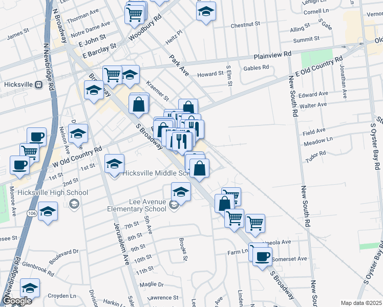 map of restaurants, bars, coffee shops, grocery stores, and more near in Hicksville