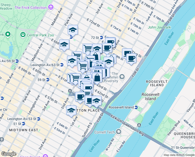 map of restaurants, bars, coffee shops, grocery stores, and more near 1st Avenue & E 64th St in New York