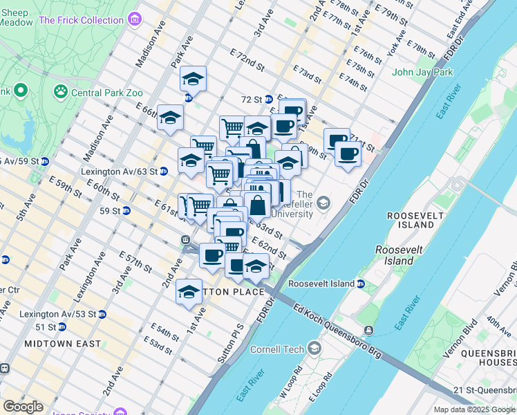 map of restaurants, bars, coffee shops, grocery stores, and more near 403 East 64th Street in New York