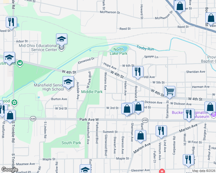 map of restaurants, bars, coffee shops, grocery stores, and more near 134 Western Avenue in Mansfield
