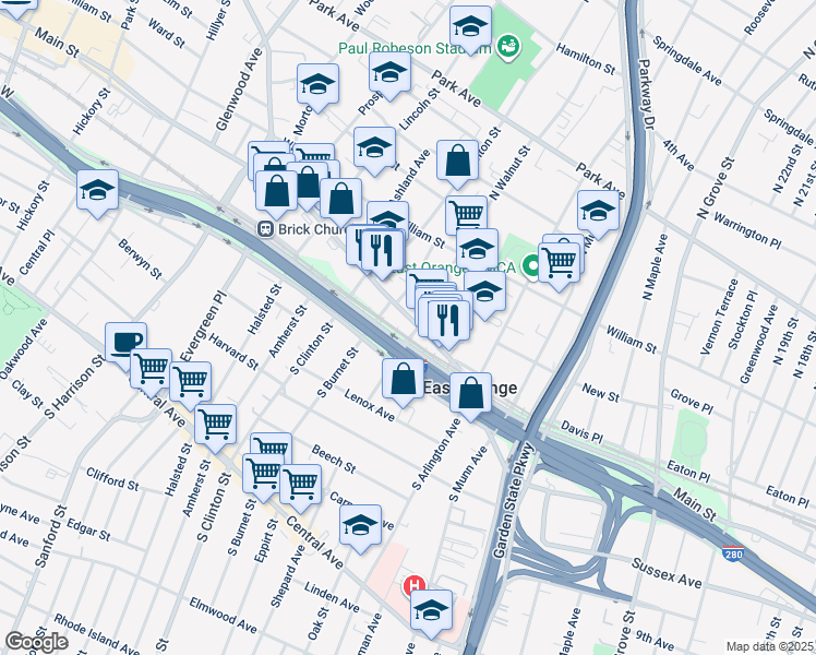map of restaurants, bars, coffee shops, grocery stores, and more near 393 Doctor Martin Luther King Junior Boulevard in East Orange