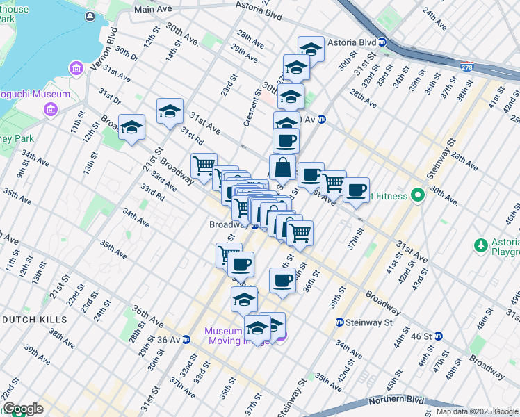 map of restaurants, bars, coffee shops, grocery stores, and more near 31-70 31st Street in Queens