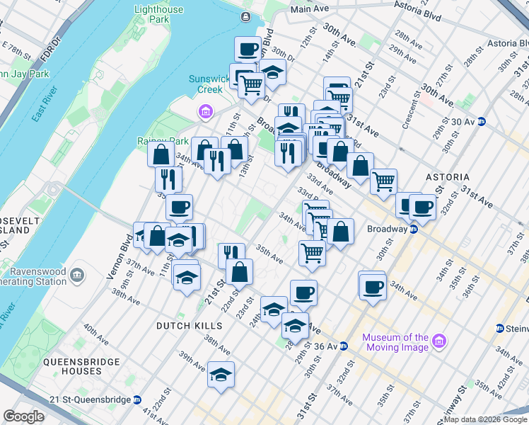 map of restaurants, bars, coffee shops, grocery stores, and more near 34-00 21st Street in Queens
