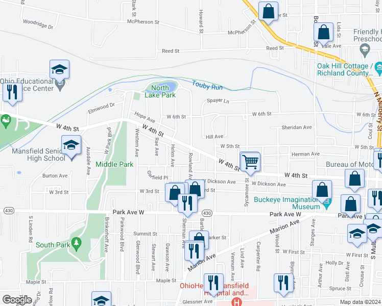 map of restaurants, bars, coffee shops, grocery stores, and more near 141 Rowland Avenue in Mansfield