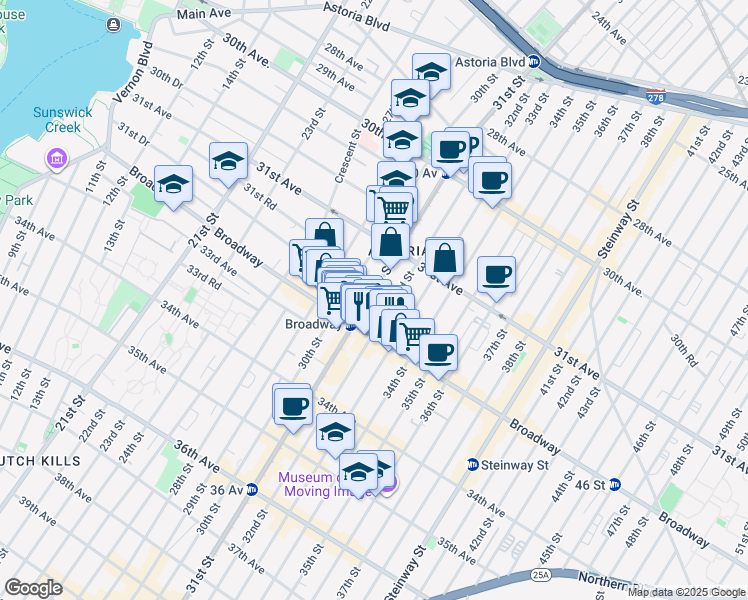 map of restaurants, bars, coffee shops, grocery stores, and more near 31-57 31st Street in Queens
