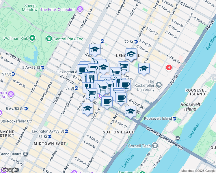 map of restaurants, bars, coffee shops, grocery stores, and more near 248 East 62nd Street in New York