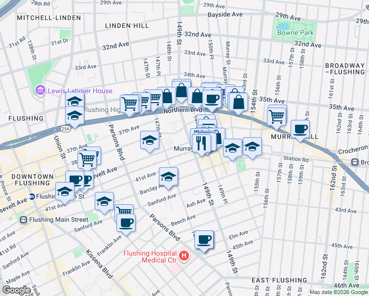 map of restaurants, bars, coffee shops, grocery stores, and more near 4012 149th Street in Queens