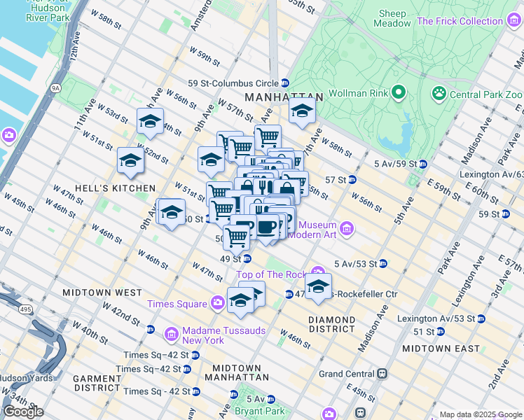 map of restaurants, bars, coffee shops, grocery stores, and more near 1700 Broadway in New York