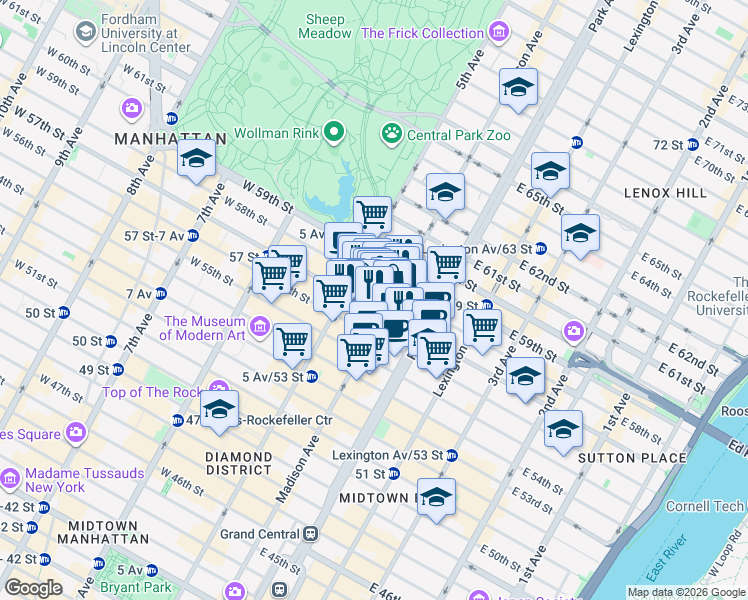 map of restaurants, bars, coffee shops, grocery stores, and more near 15 East 57th Street in New York
