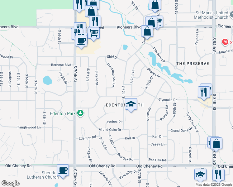 map of restaurants, bars, coffee shops, grocery stores, and more near 7400 Glynoaks Drive in Lincoln