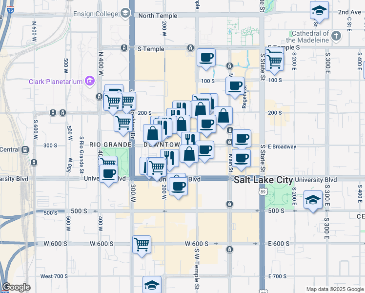 map of restaurants, bars, coffee shops, grocery stores, and more near 155 West 300 South in Salt Lake City