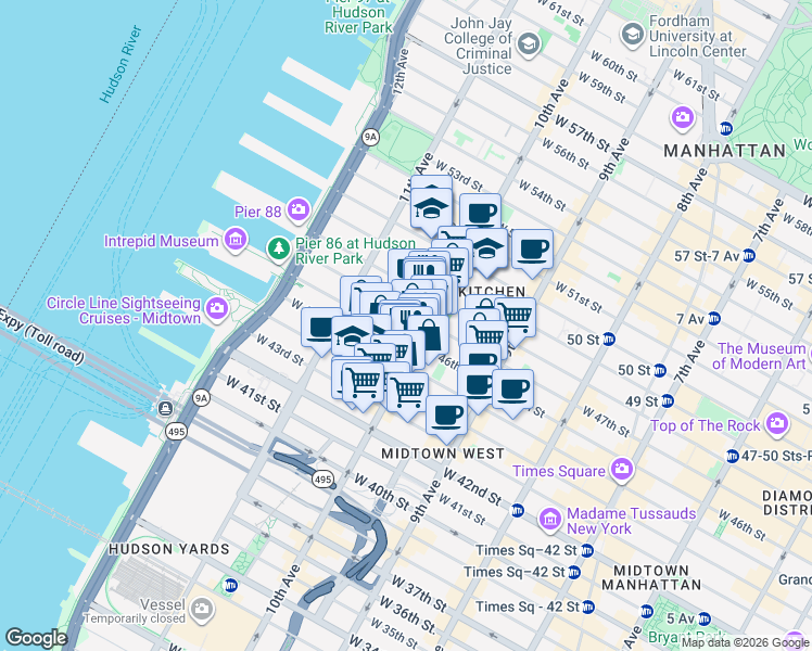map of restaurants, bars, coffee shops, grocery stores, and more near 516 West 47th Street in New York