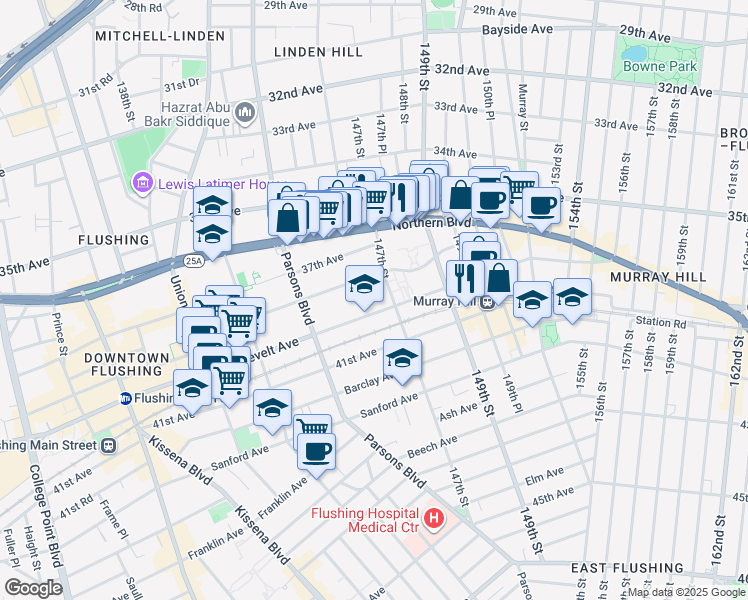 map of restaurants, bars, coffee shops, grocery stores, and more near 144-77 Roosevelt Avenue in Queens