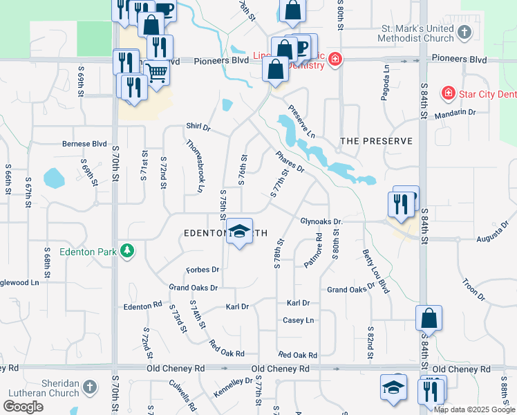 map of restaurants, bars, coffee shops, grocery stores, and more near 7636 Glynoaks Drive in Lincoln