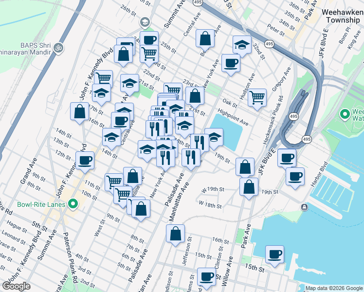 map of restaurants, bars, coffee shops, grocery stores, and more near 1700 New York Avenue in Union City