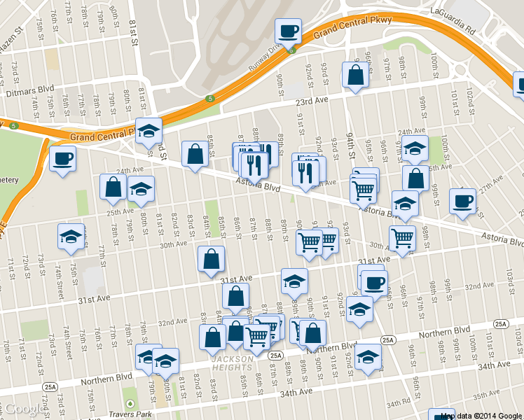 map of restaurants, bars, coffee shops, grocery stores, and more near 25-28 88th Street in Queens