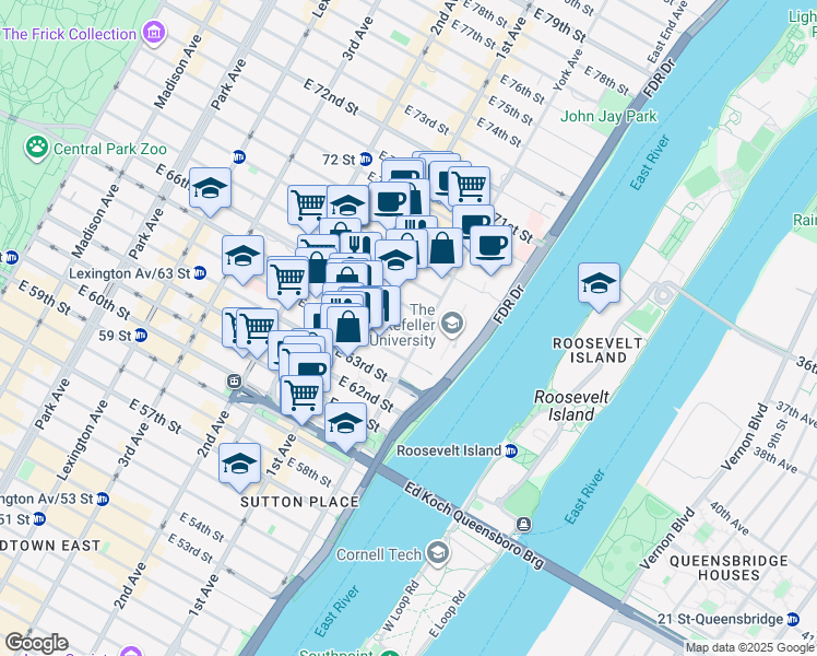map of restaurants, bars, coffee shops, grocery stores, and more near 439 East 65th Street in New York