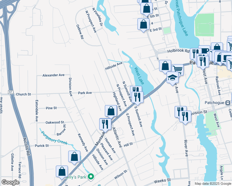 map of restaurants, bars, coffee shops, grocery stores, and more near 42 North Prospect Avenue in Patchogue