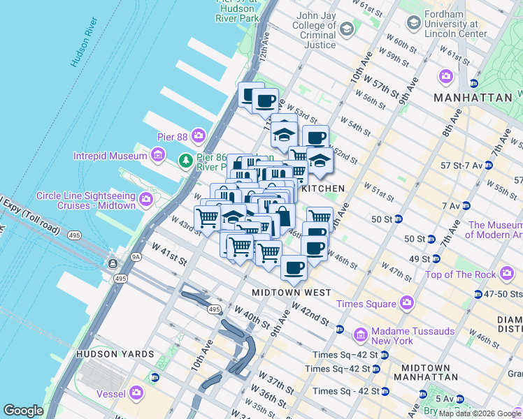 map of restaurants, bars, coffee shops, grocery stores, and more near 530 West 46th Street in New York