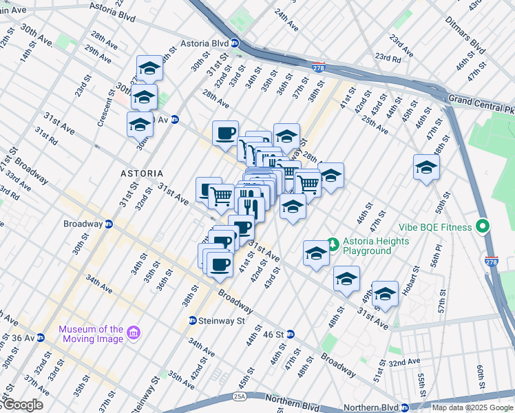 map of restaurants, bars, coffee shops, grocery stores, and more near 30-49 Steinway Street in Queens
