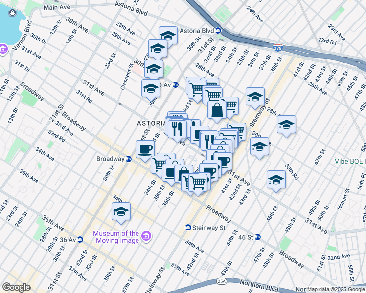 map of restaurants, bars, coffee shops, grocery stores, and more near 35-6 31st Avenue in Queens