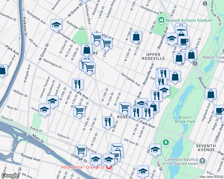 map of restaurants, bars, coffee shops, grocery stores, and more near 180 North 12th Street in Newark