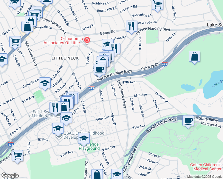 map of restaurants, bars, coffee shops, grocery stores, and more near 57-21 255th Street in Queens