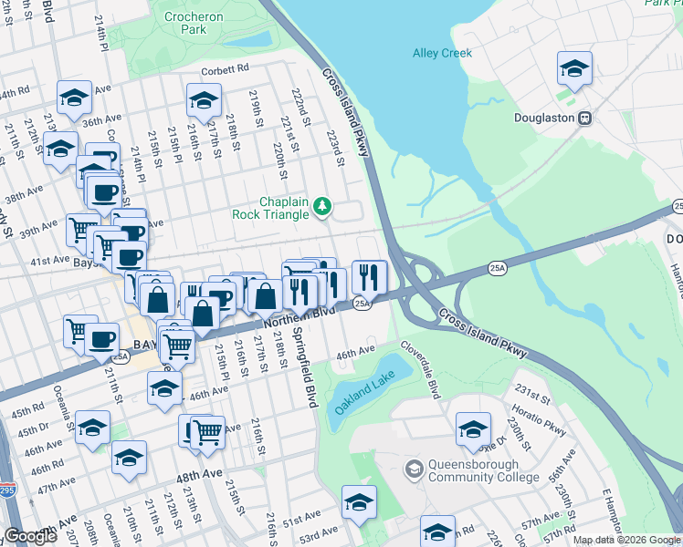 map of restaurants, bars, coffee shops, grocery stores, and more near 43-11 220th Place in Queens