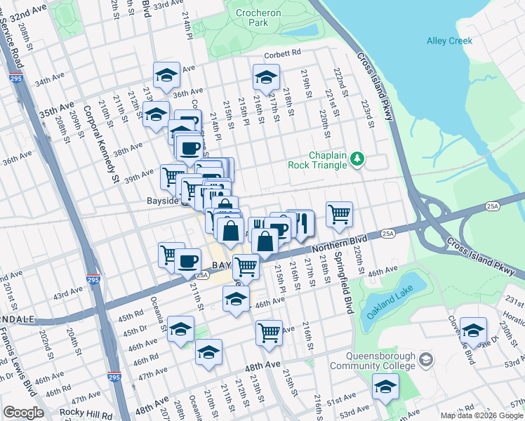 map of restaurants, bars, coffee shops, grocery stores, and more near 42-11 215th Place in Queens