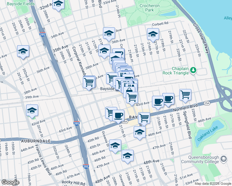map of restaurants, bars, coffee shops, grocery stores, and more near 211-9 42nd Avenue in Queens