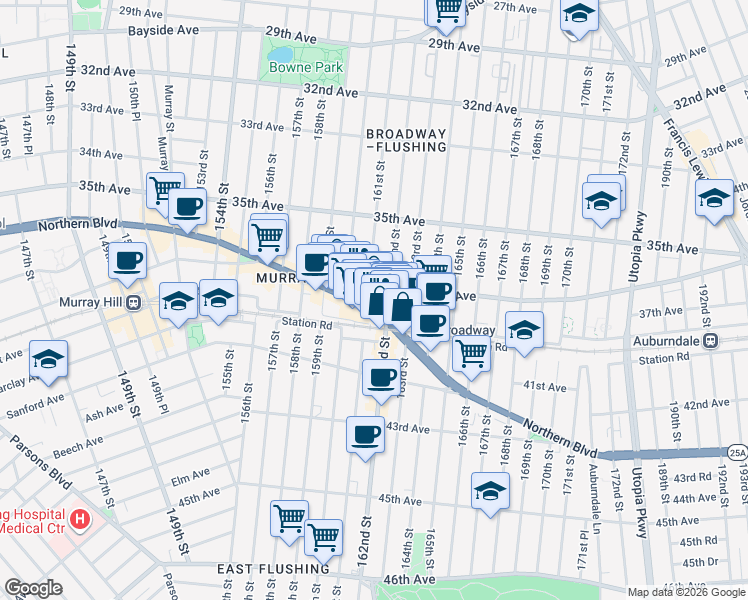 map of restaurants, bars, coffee shops, grocery stores, and more near 160-38 Northern Boulevard in Queens