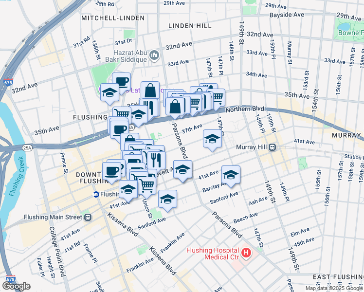 map of restaurants, bars, coffee shops, grocery stores, and more near 144-02 38th Avenue in Queens