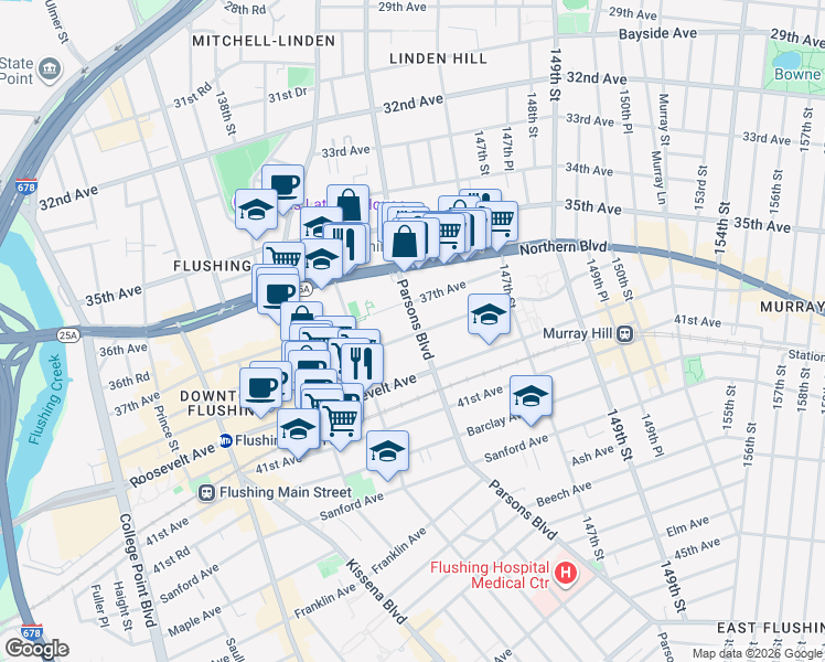 map of restaurants, bars, coffee shops, grocery stores, and more near 144-02 38th Avenue in Queens