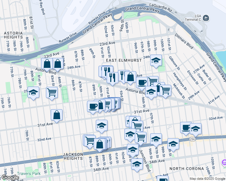 map of restaurants, bars, coffee shops, grocery stores, and more near 26-29 91st Street in Queens