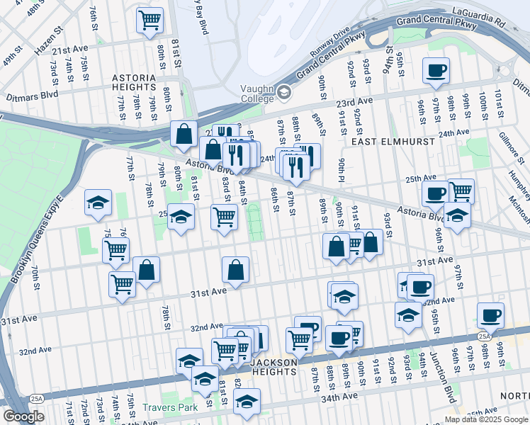 map of restaurants, bars, coffee shops, grocery stores, and more near in Queens