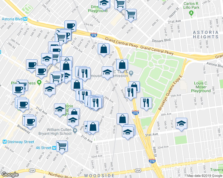 map of restaurants, bars, coffee shops, grocery stores, and more near 25-65 50th Street in Queens