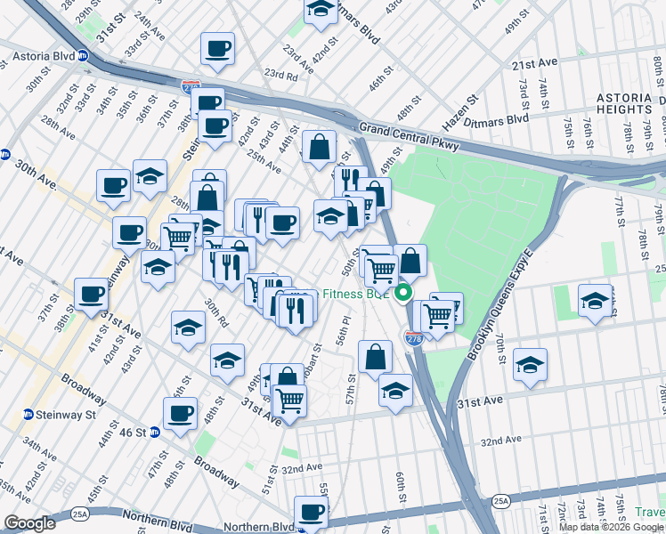 map of restaurants, bars, coffee shops, grocery stores, and more near 25-65 50th Street in Queens