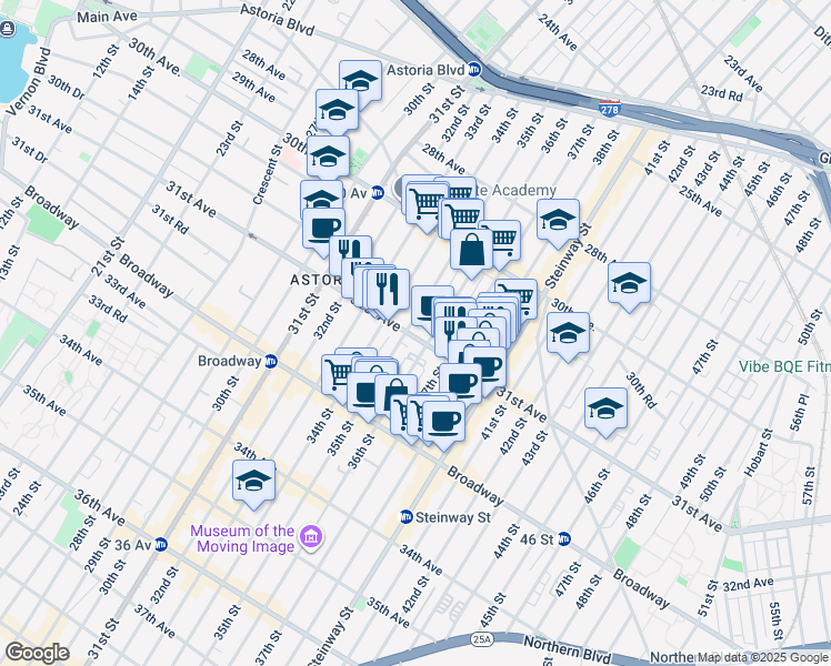 map of restaurants, bars, coffee shops, grocery stores, and more near 35-6 31st Avenue in Queens