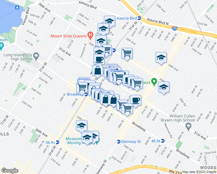 map of restaurants, bars, coffee shops, grocery stores, and more near 31-23 34th Street in Queens