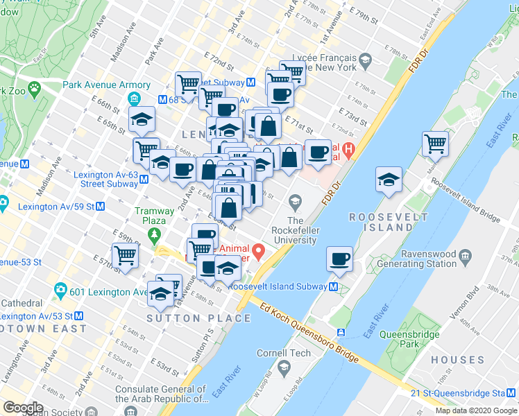 map of restaurants, bars, coffee shops, grocery stores, and more near 430 East 65th Street in New York