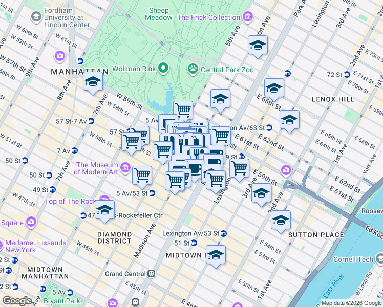 map of restaurants, bars, coffee shops, grocery stores, and more near 592 Madison Avenue in New York