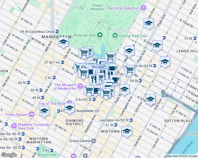 map of restaurants, bars, coffee shops, grocery stores, and more near 65 East 55th Street in New York